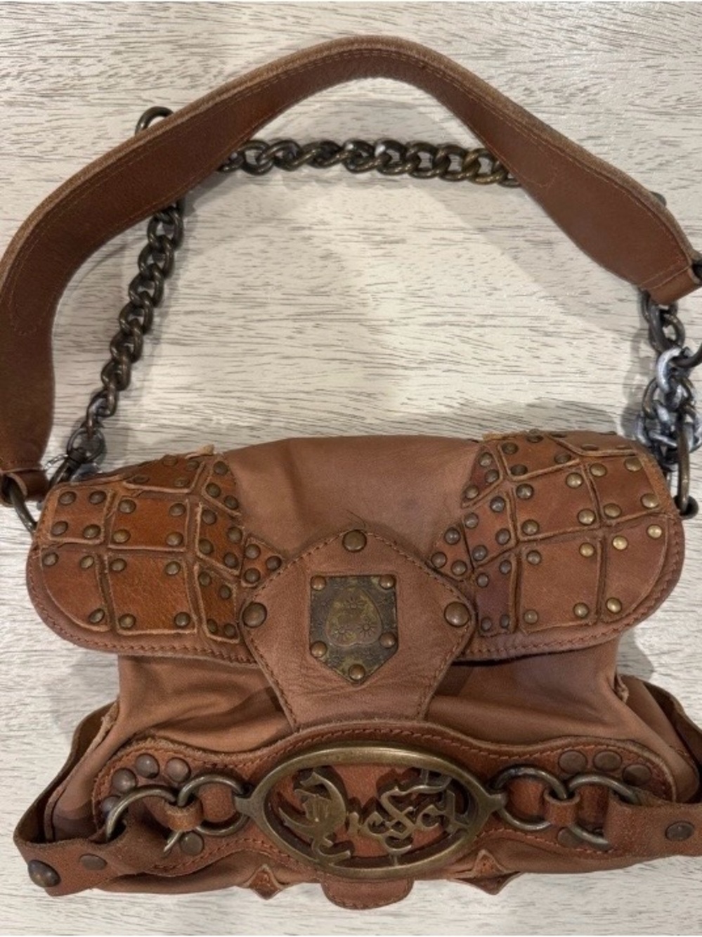 Diesel RARE Y2K Spare Parts brown studded chain shoulder bag vintage edgy